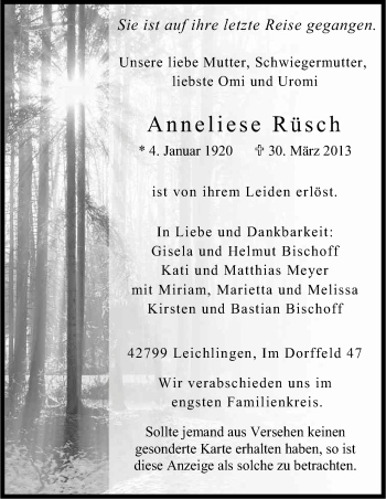 Anzeige von Anneliese Rüsch von Kölner Stadt-Anzeiger / Kölnische Rundschau / Express