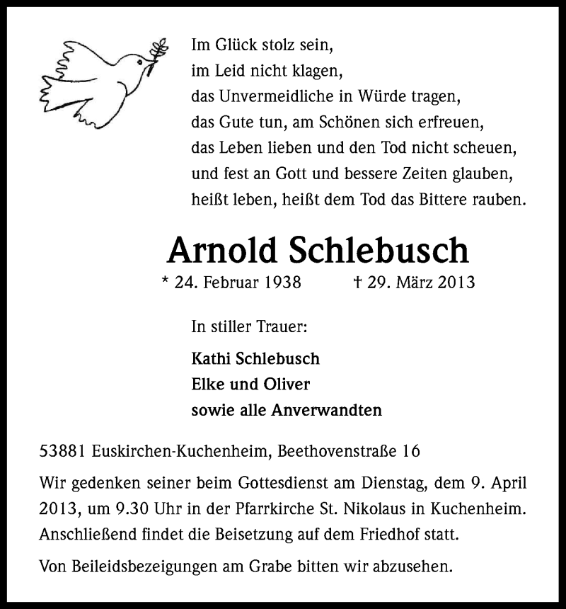  Traueranzeige für Arnold Schlebusch vom 03.04.2013 aus Kölner Stadt-Anzeiger / Kölnische Rundschau / Express