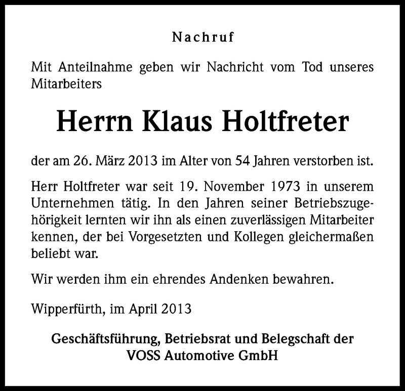  Traueranzeige für Klaus Holtfreter vom 03.04.2013 aus Kölner Stadt-Anzeiger / Kölnische Rundschau / Express