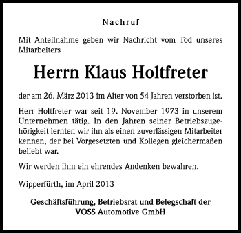 Anzeige von Klaus Holtfreter von Kölner Stadt-Anzeiger / Kölnische Rundschau / Express