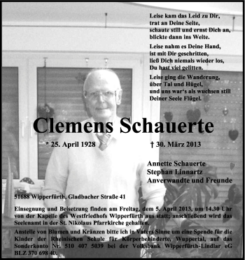 Anzeige von Clemens Schauerte von Kölner Stadt-Anzeiger / Kölnische Rundschau / Express