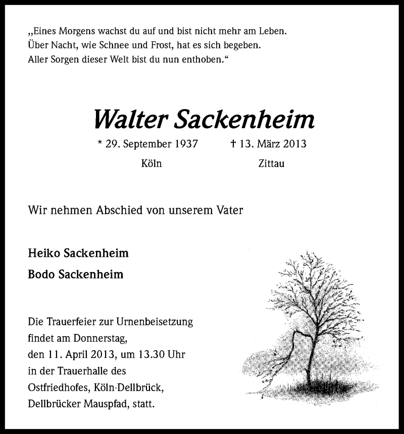  Traueranzeige für Walter Sackenheim vom 06.04.2013 aus Kölner Stadt-Anzeiger / Kölnische Rundschau / Express