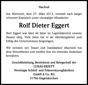 Anzeige von Rolf Dieter Eggert von Kölner Stadt-Anzeiger / Kölnische Rundschau / Express