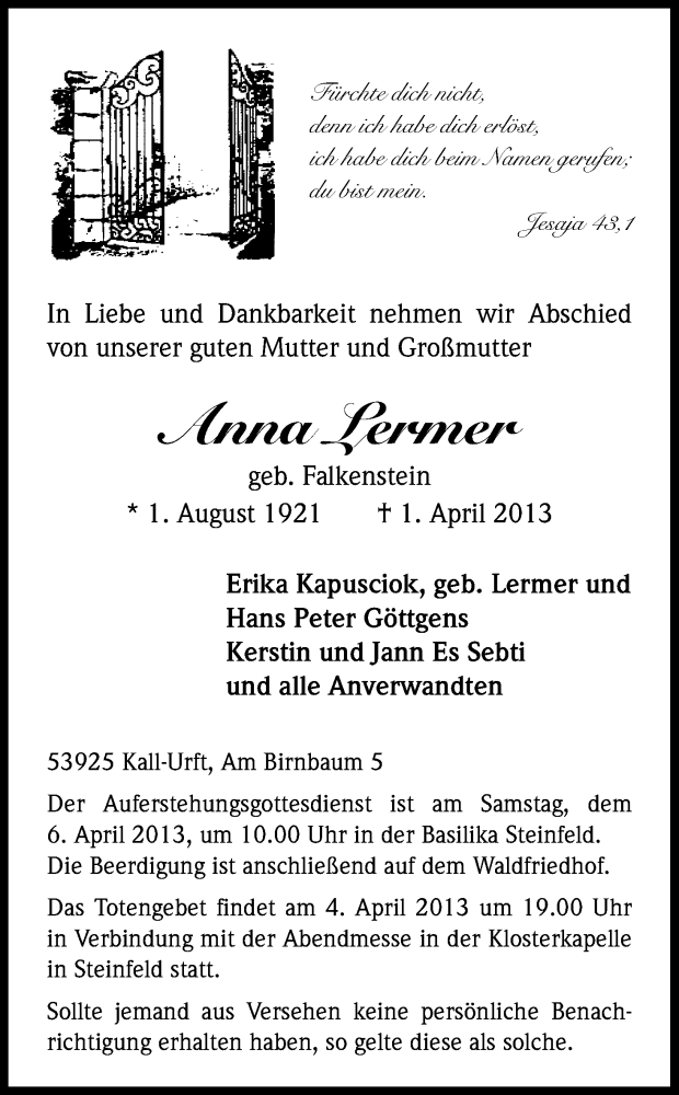  Traueranzeige für Anna Lermer vom 03.04.2013 aus Kölner Stadt-Anzeiger / Kölnische Rundschau / Express
