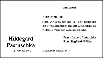 Anzeige von Hildegard Pastuschka von Kölner Stadt-Anzeiger / Kölnische Rundschau / Express
