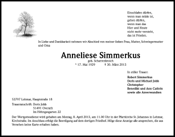 Anzeige von Anneliese Simmerkus von Kölner Stadt-Anzeiger / Kölnische Rundschau / Express