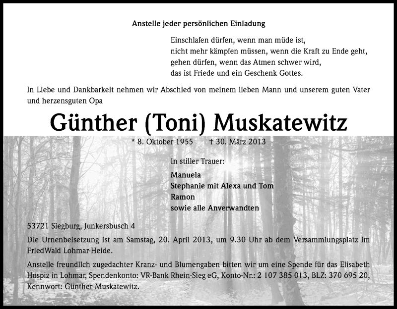  Traueranzeige für Günther Muskatewitz vom 06.04.2013 aus Kölner Stadt-Anzeiger / Kölnische Rundschau / Express
