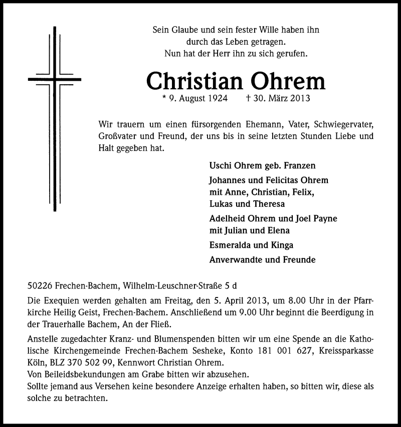  Traueranzeige für Christian Ohrem vom 03.04.2013 aus Kölner Stadt-Anzeiger / Kölnische Rundschau / Express