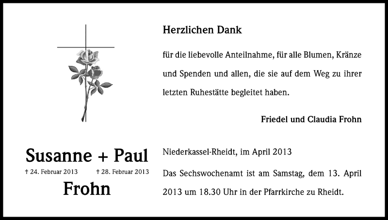  Traueranzeige für Susanne und Paul Frohn vom 06.04.2013 aus Kölner Stadt-Anzeiger / Kölnische Rundschau / Express