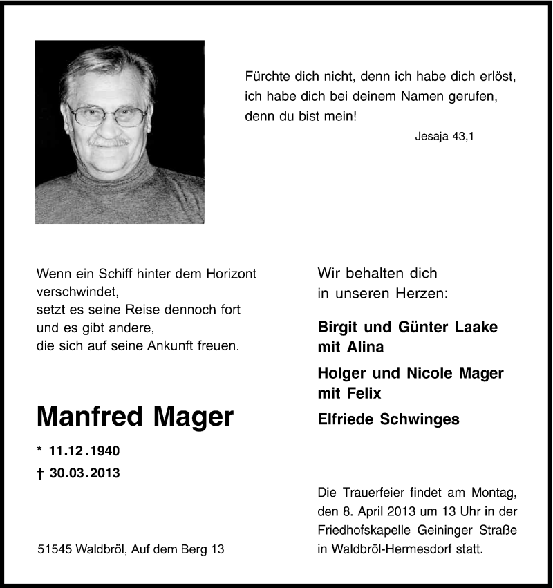  Traueranzeige für Manfred Mager vom 03.04.2013 aus Kölner Stadt-Anzeiger / Kölnische Rundschau / Express