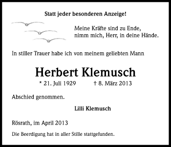 Anzeige von Herbert Klemusch von Kölner Stadt-Anzeiger / Kölnische Rundschau / Express