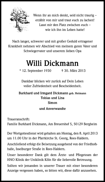 Anzeige von Willi Dickmann von Kölner Stadt-Anzeiger / Kölnische Rundschau / Express