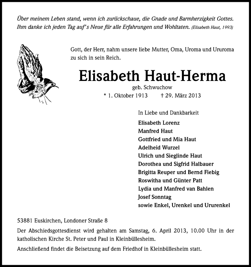  Traueranzeige für Elisabeth Haut-Herma vom 03.04.2013 aus Kölner Stadt-Anzeiger / Kölnische Rundschau / Express