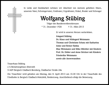 Anzeige von Wolfgang Stübing von Kölner Stadt-Anzeiger / Kölnische Rundschau / Express