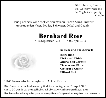Anzeige von Bernhard Rose von Kölner Stadt-Anzeiger / Kölnische Rundschau / Express