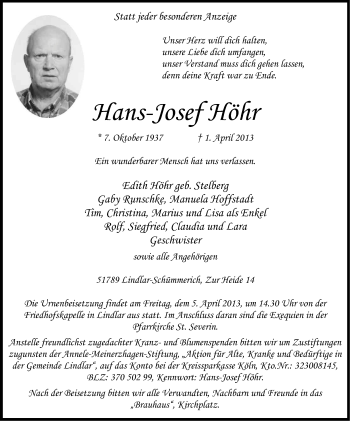 Anzeige von Hans-Josef Höhr von Kölner Stadt-Anzeiger / Kölnische Rundschau / Express