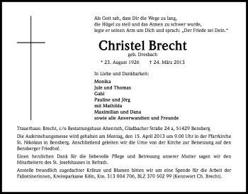 Anzeige von Christel Brecht von Kölner Stadt-Anzeiger / Kölnische Rundschau / Express