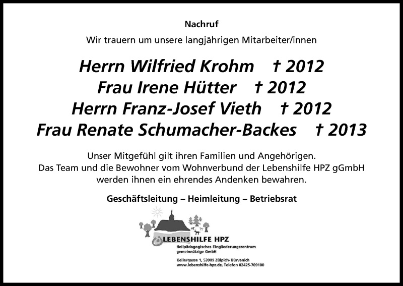  Traueranzeige für Lebenshilfe HPZ trauern vom 06.04.2013 aus Kölner Stadt-Anzeiger / Kölnische Rundschau / Express