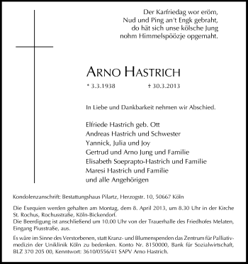 Anzeige von Arno Hastrich von Kölner Stadt-Anzeiger / Kölnische Rundschau / Express