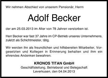 Anzeige von Adolf Becker von Kölner Stadt-Anzeiger / Kölnische Rundschau / Express