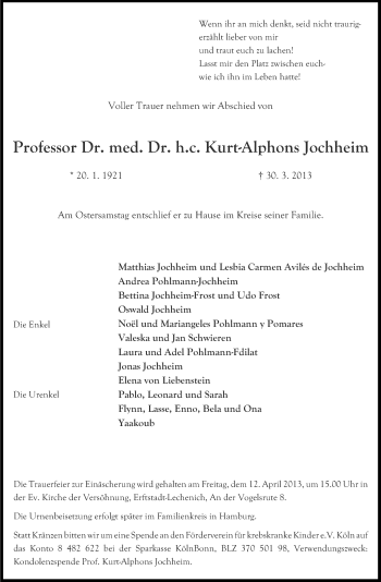 Anzeige von Kurt-Alphons Jochheim von Kölner Stadt-Anzeiger / Kölnische Rundschau / Express