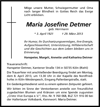 Anzeige von Maria Josefine Detmer von Kölner Stadt-Anzeiger / Kölnische Rundschau / Express