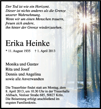 Anzeige von Erika Heinke von Kölner Stadt-Anzeiger / Kölnische Rundschau / Express
