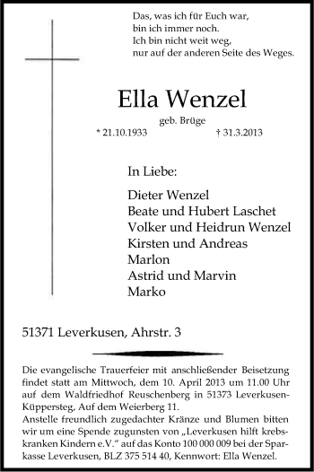Anzeige von Ella Wenzel von Kölner Stadt-Anzeiger / Kölnische Rundschau / Express