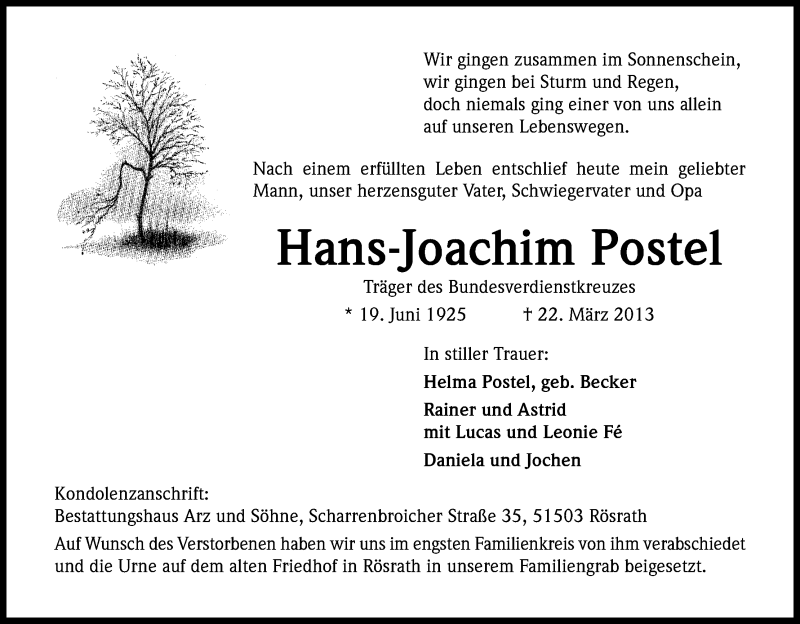  Traueranzeige für Hans-Joachim Postel vom 06.04.2013 aus Kölner Stadt-Anzeiger / Kölnische Rundschau / Express