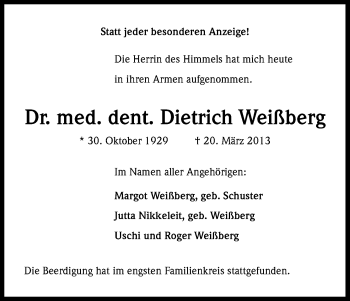 Anzeige von Dietrich Weißberg von Kölner Stadt-Anzeiger / Kölnische Rundschau / Express