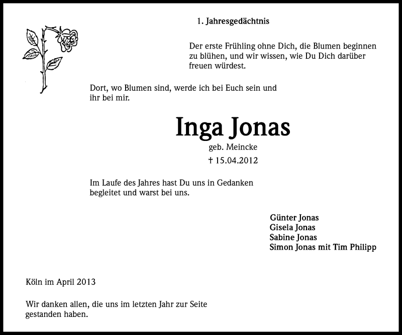  Traueranzeige für Inga Jonas vom 13.04.2013 aus Kölner Stadt-Anzeiger / Kölnische Rundschau / Express