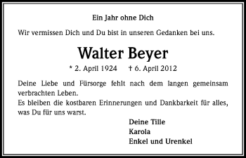 Anzeige von Walter Beyer von Kölner Stadt-Anzeiger / Kölnische Rundschau / Express