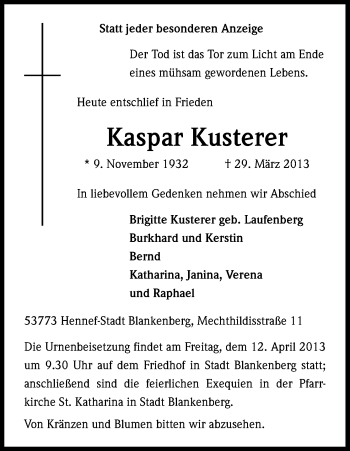 Anzeige von Kaspar Kusterer von Kölner Stadt-Anzeiger / Kölnische Rundschau / Express