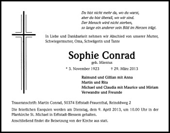 Anzeige von Sophie Conrad von Kölner Stadt-Anzeiger / Kölnische Rundschau / Express
