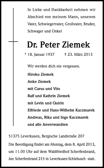 Anzeige von Peter Ziemek von Kölner Stadt-Anzeiger / Kölnische Rundschau / Express