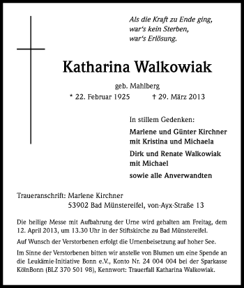 Anzeige von Katharina Walkowiak von Kölner Stadt-Anzeiger / Kölnische Rundschau / Express