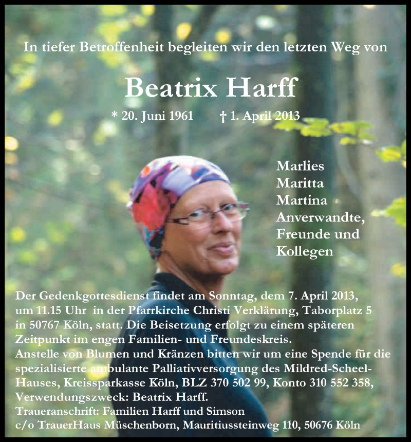  Traueranzeige für Beatrix Harff vom 05.04.2013 aus Kölner Stadt-Anzeiger / Kölnische Rundschau / Express
