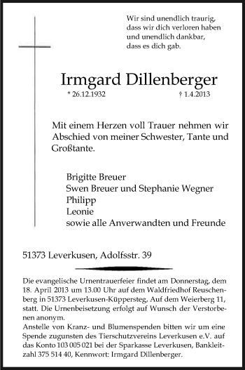 Anzeige von Irmgard Dillenberger von Kölner Stadt-Anzeiger / Kölnische Rundschau / Express
