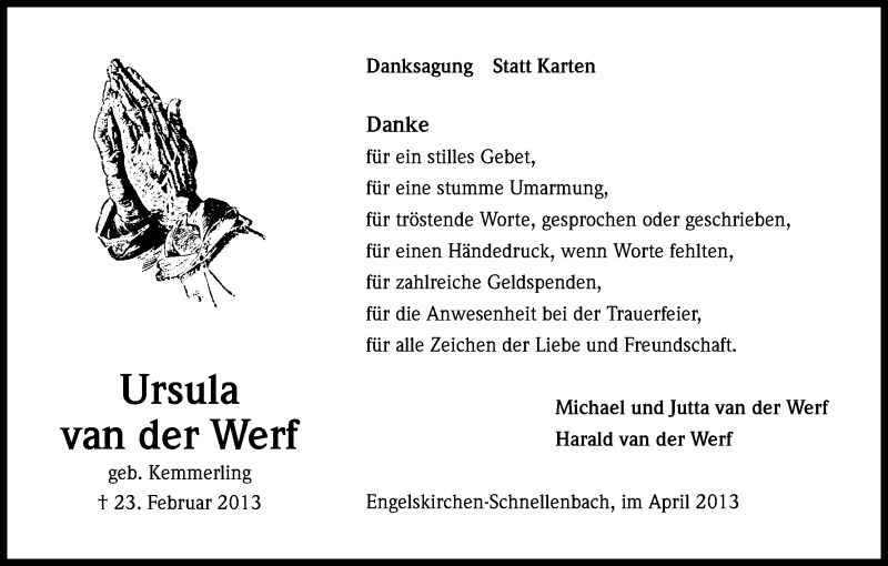 Traueranzeige für Ursula van der Werf vom 06.04.2013 aus Kölner Stadt-Anzeiger / Kölnische Rundschau / Express