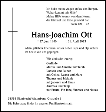 Anzeige von Hans Joachim Ott von Kölner Stadt-Anzeiger / Kölnische Rundschau / Express