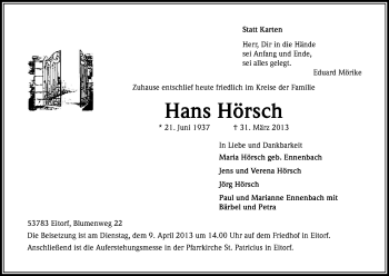 Anzeige von Hans Hörsch von Kölner Stadt-Anzeiger / Kölnische Rundschau / Express
