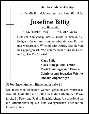Anzeige von Josefine Billig von Kölner Stadt-Anzeiger / Kölnische Rundschau / Express