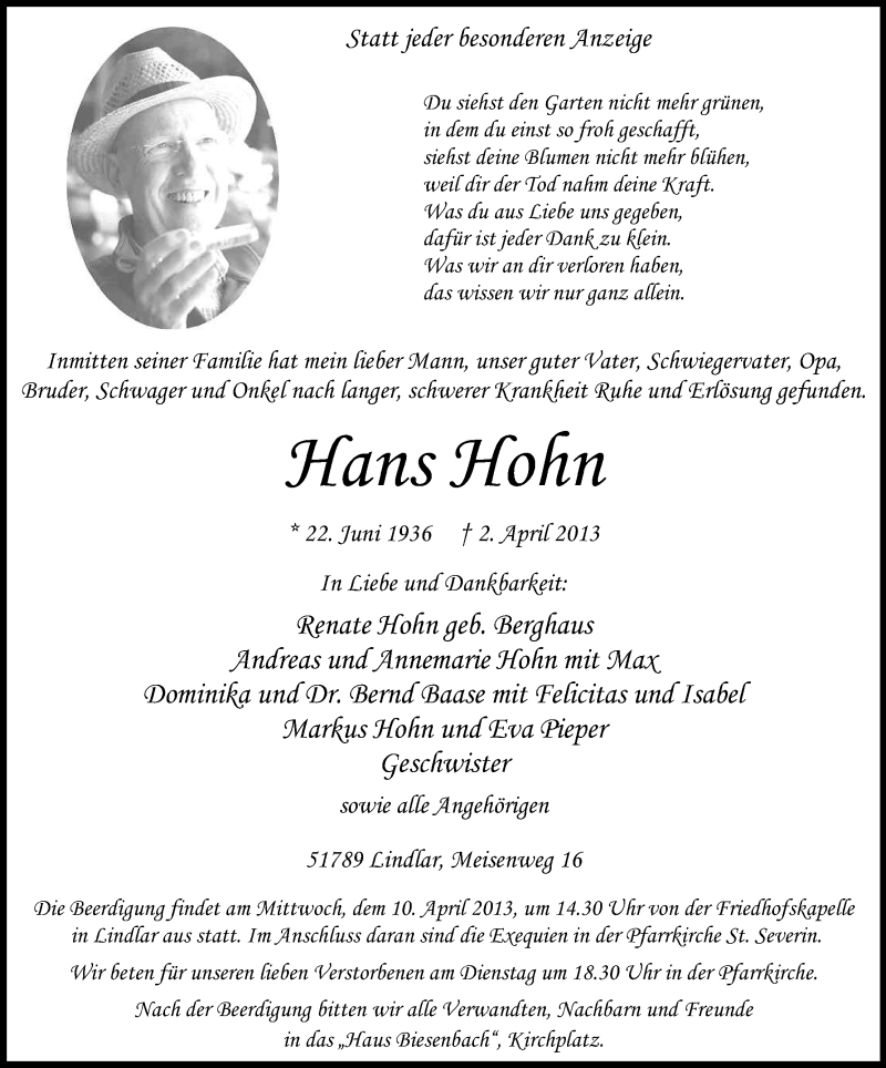  Traueranzeige für Hans Hohn vom 04.04.2013 aus Kölner Stadt-Anzeiger / Kölnische Rundschau / Express