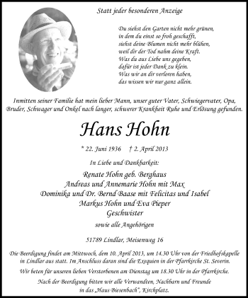 Anzeige von Hans Hohn von Kölner Stadt-Anzeiger / Kölnische Rundschau / Express