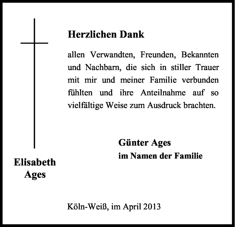  Traueranzeige für Elisabeth Ages vom 06.04.2013 aus Kölner Stadt-Anzeiger / Kölnische Rundschau / Express