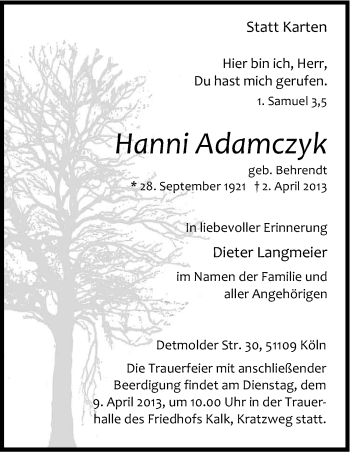 Anzeige von Hanni Adamczyk von Kölner Stadt-Anzeiger / Kölnische Rundschau / Express
