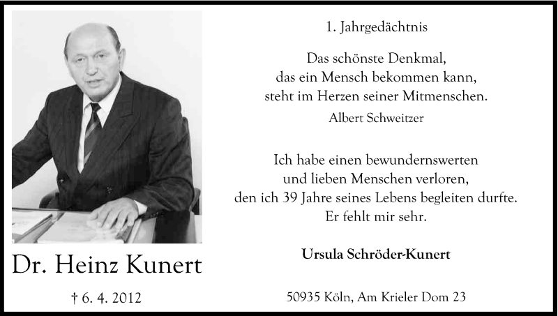  Traueranzeige für Heinz Kunert vom 06.04.2013 aus Kölner Stadt-Anzeiger / Kölnische Rundschau / Express