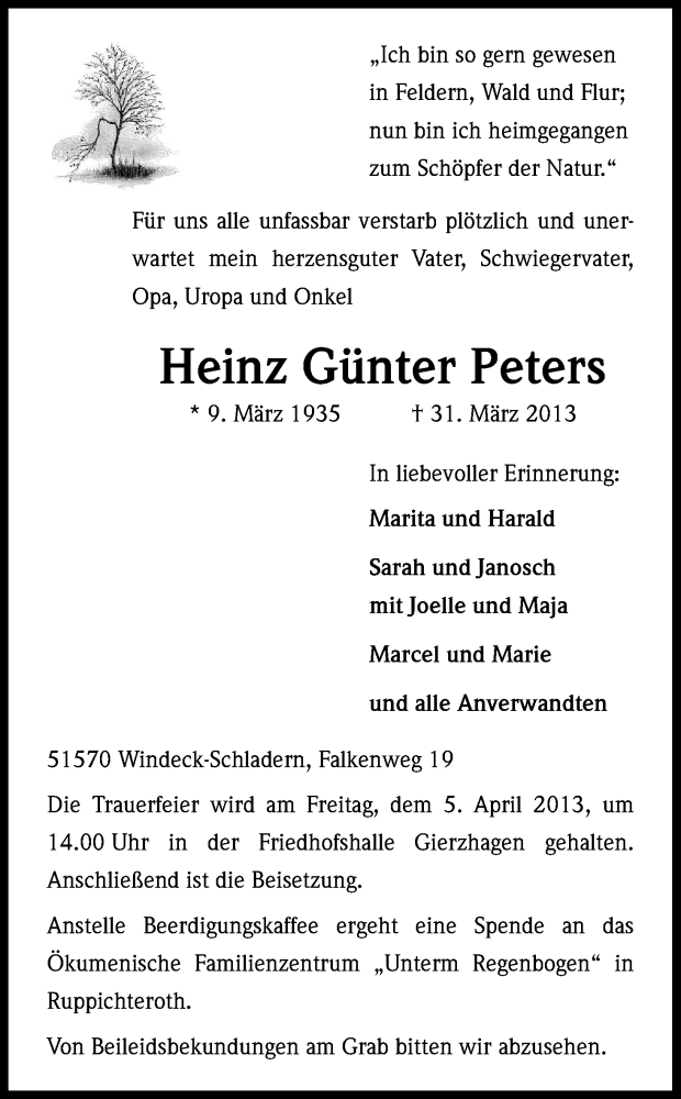  Traueranzeige für Heinz Günter Peters vom 04.04.2013 aus Kölner Stadt-Anzeiger / Kölnische Rundschau / Express