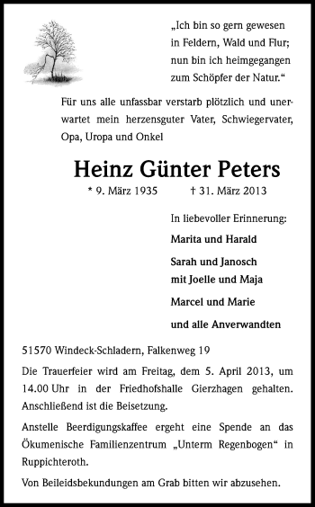 Anzeige von Heinz Günter Peters von Kölner Stadt-Anzeiger / Kölnische Rundschau / Express