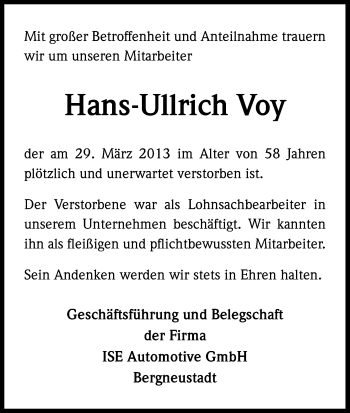 Anzeige von Hans-Ullrich Voy von Kölner Stadt-Anzeiger / Kölnische Rundschau / Express